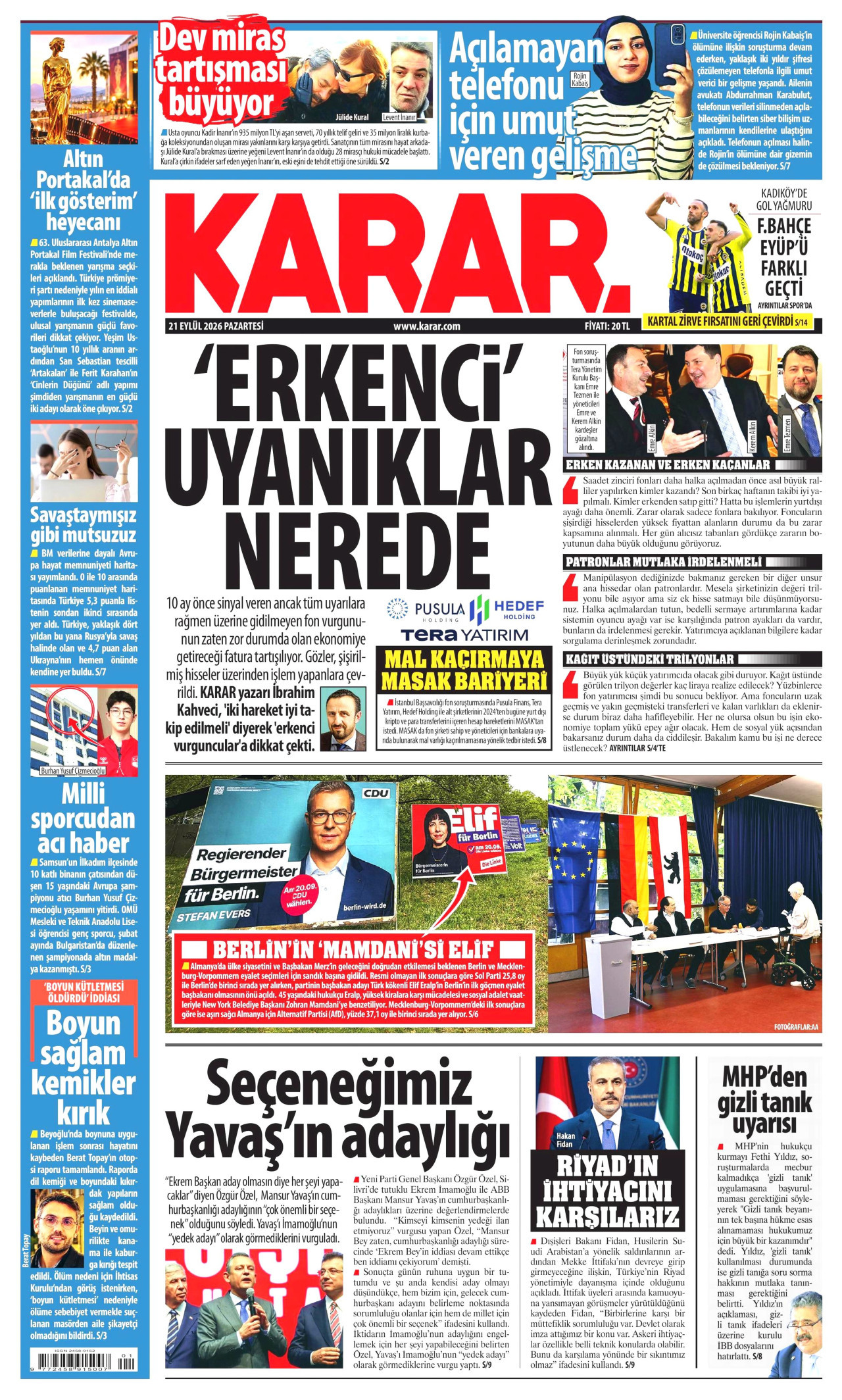 KARAR gazetesinin 21 Eylül 2026 tarihli birinci sayfası