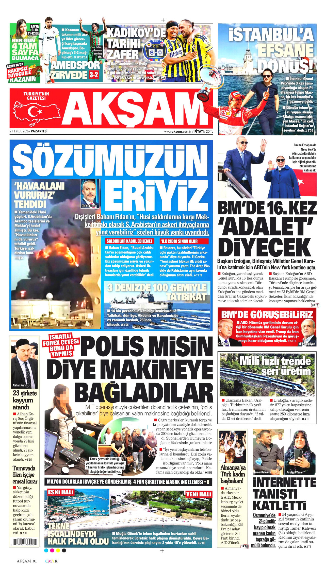 AKŞAM gazetesinin 21 Eylül 2026 tarihli birinci sayfası