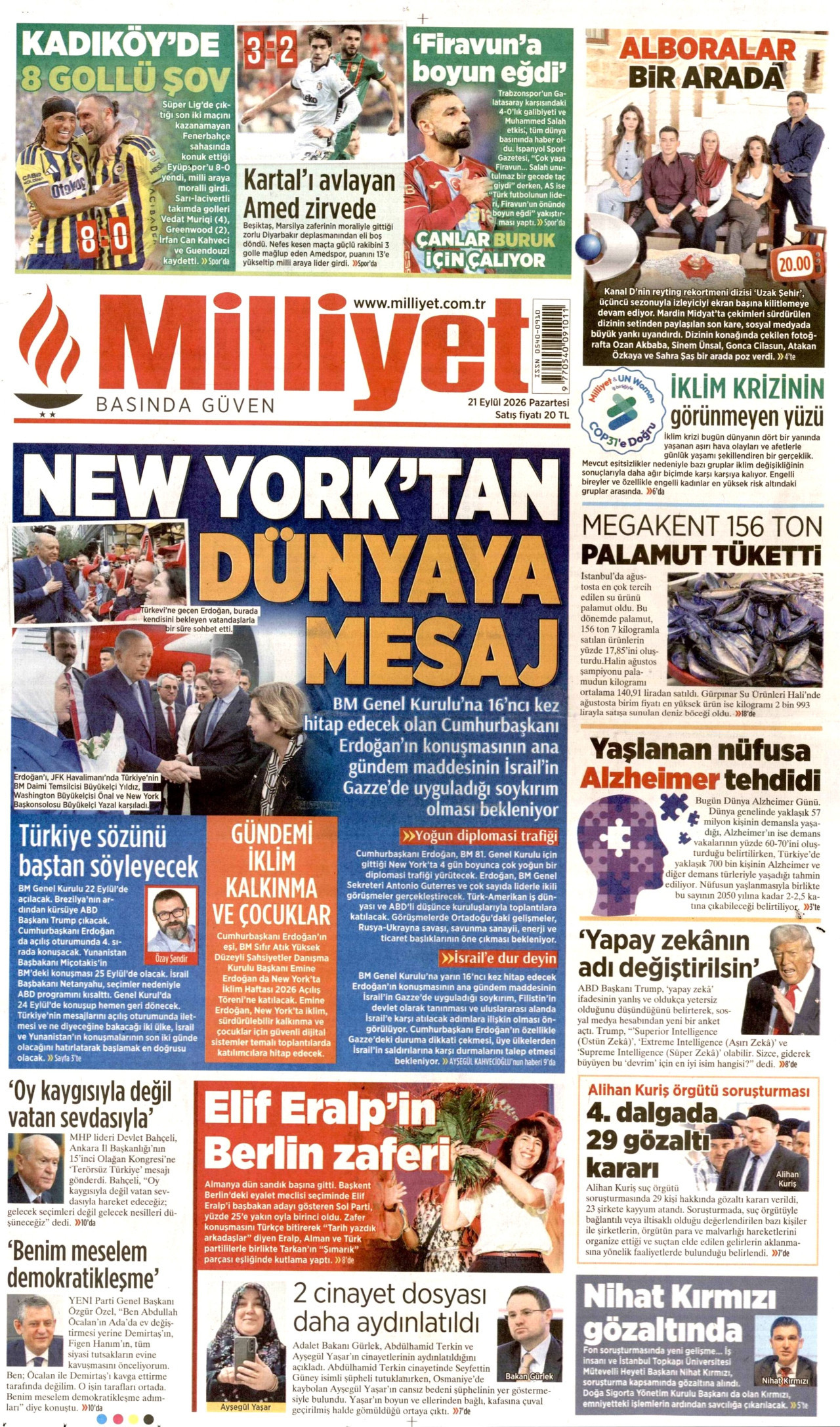MİLLİYET gazetesinin 21 Eylül 2026 tarihli birinci sayfası