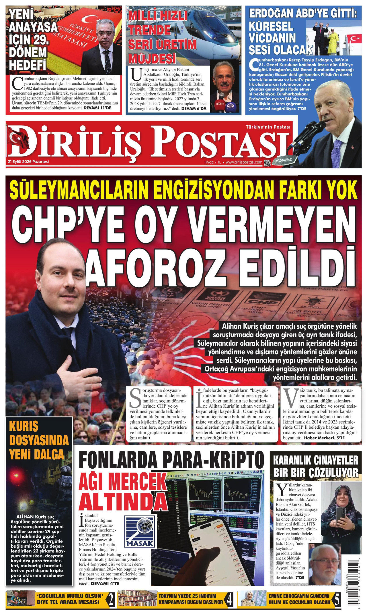 DİRİLİŞ POSTASI gazetesinin 21 Eylül 2026 tarihli birinci sayfası