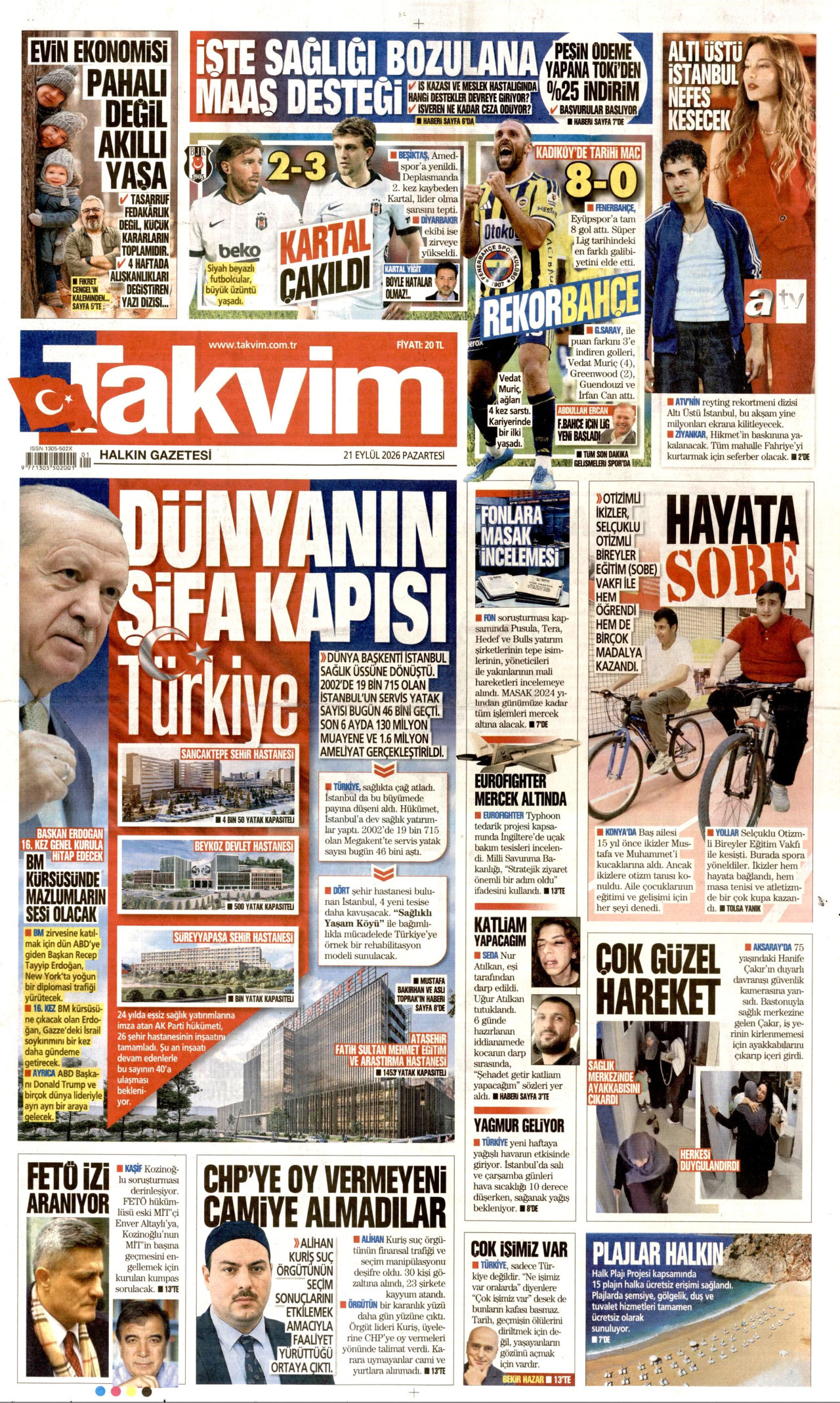 TAKVİM gazetesinin 21 Eylül 2026 tarihli birinci sayfası