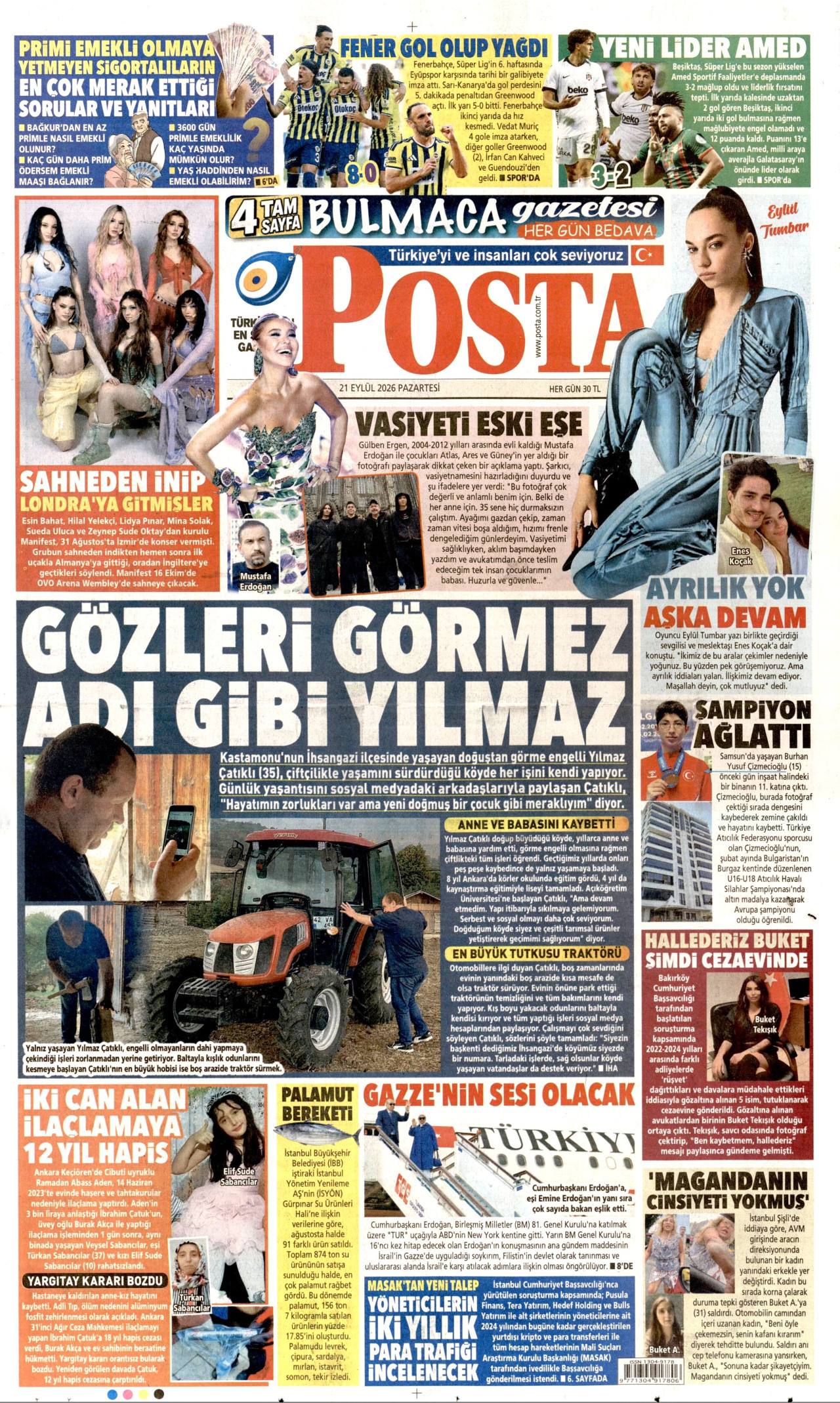 POSTA gazetesinin 21 Eylül 2026 tarihli birinci sayfası