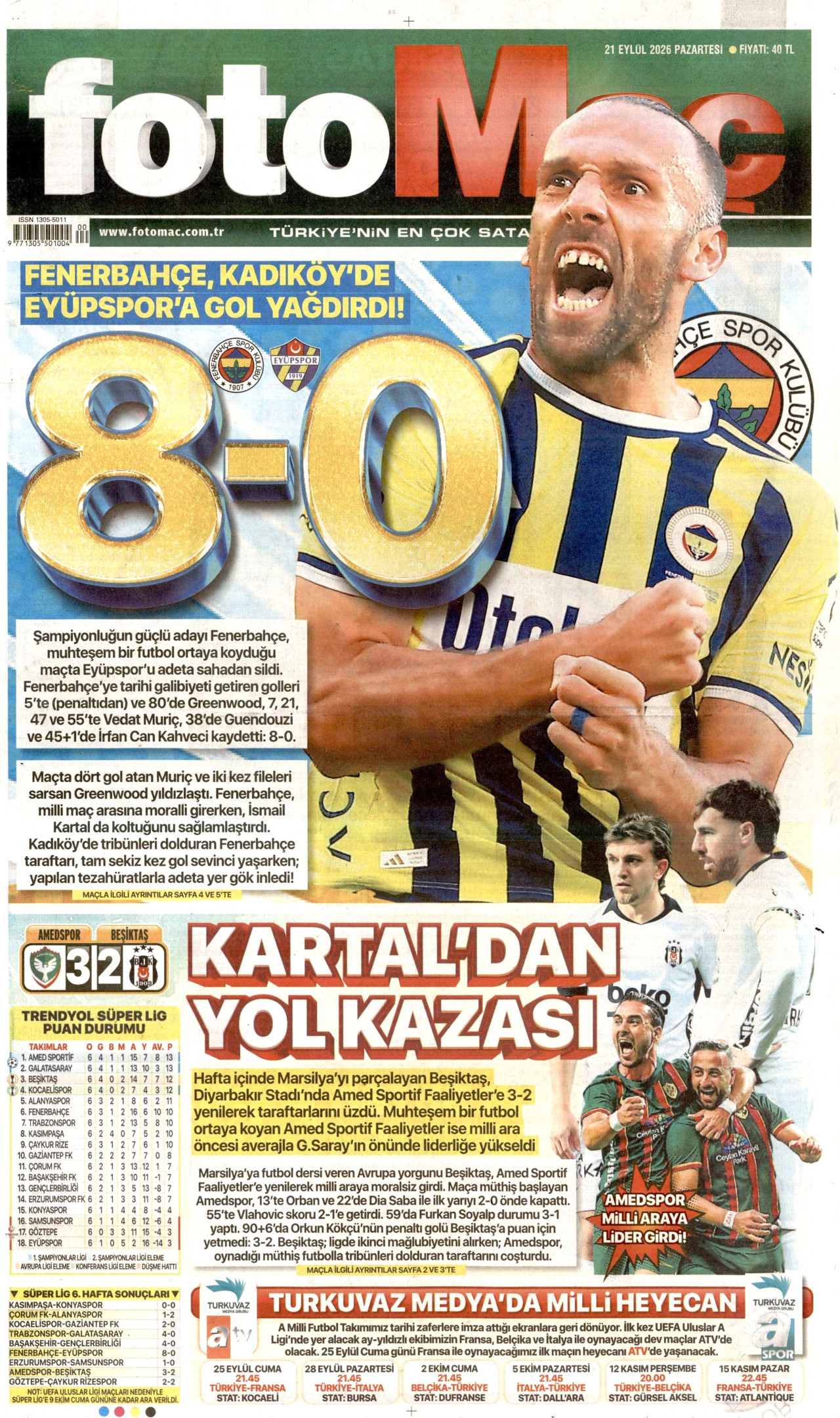 FOTOMAÇ gazetesinin 21 Eylül 2026 tarihli birinci sayfası