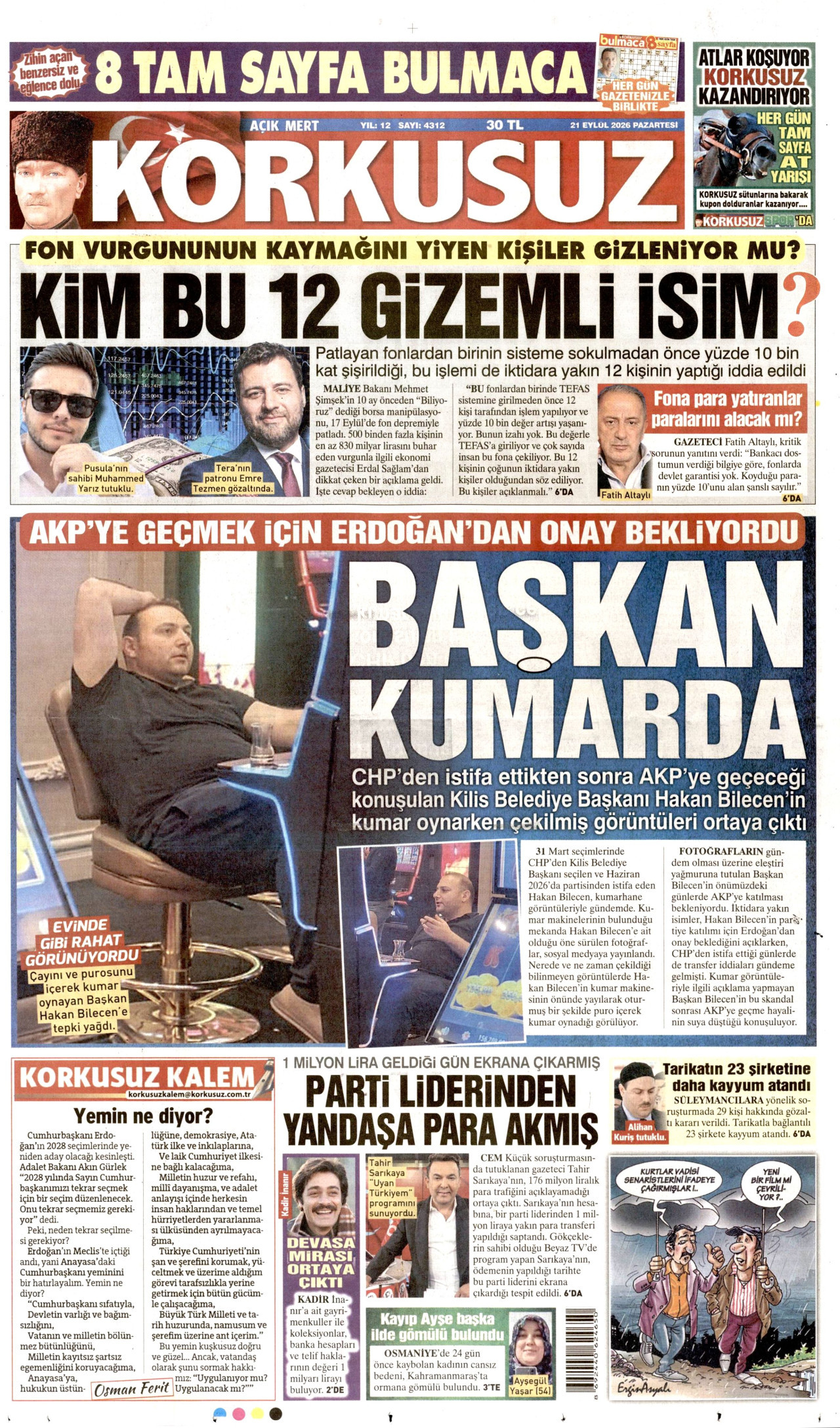 KORKUSUZ gazetesinin 21 Eylül 2026 tarihli birinci sayfası