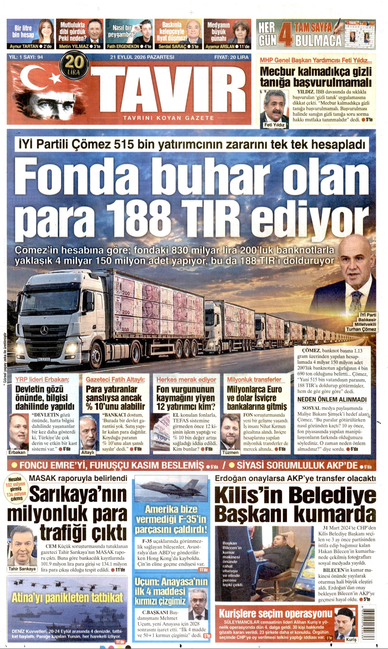 TAVIR GAZETESİ gazetesinin 21 Eylül 2026 tarihli birinci sayfası
