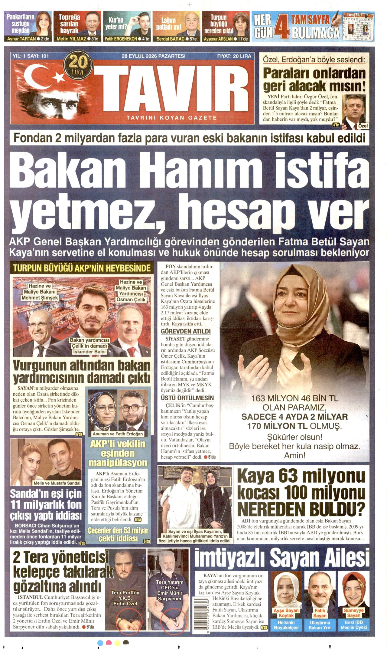 TAVIR GAZETESİ gazetesinin 28 Eylül 2026 tarihli birinci sayfası