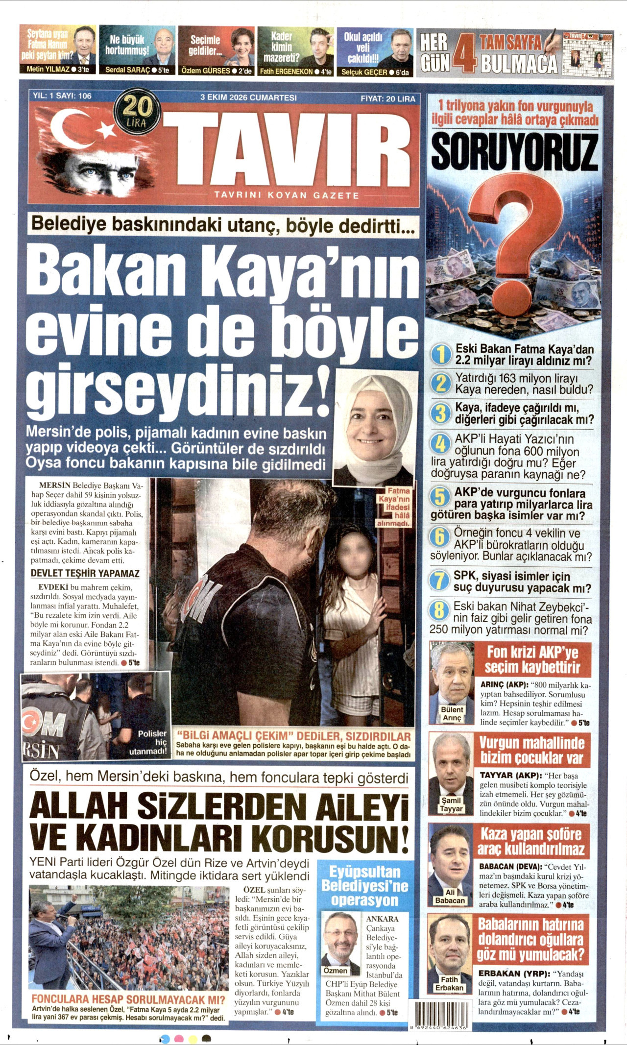 TAVIR GAZETESİ gazetesinin 3 Ekim 2026 tarihli birinci sayfası