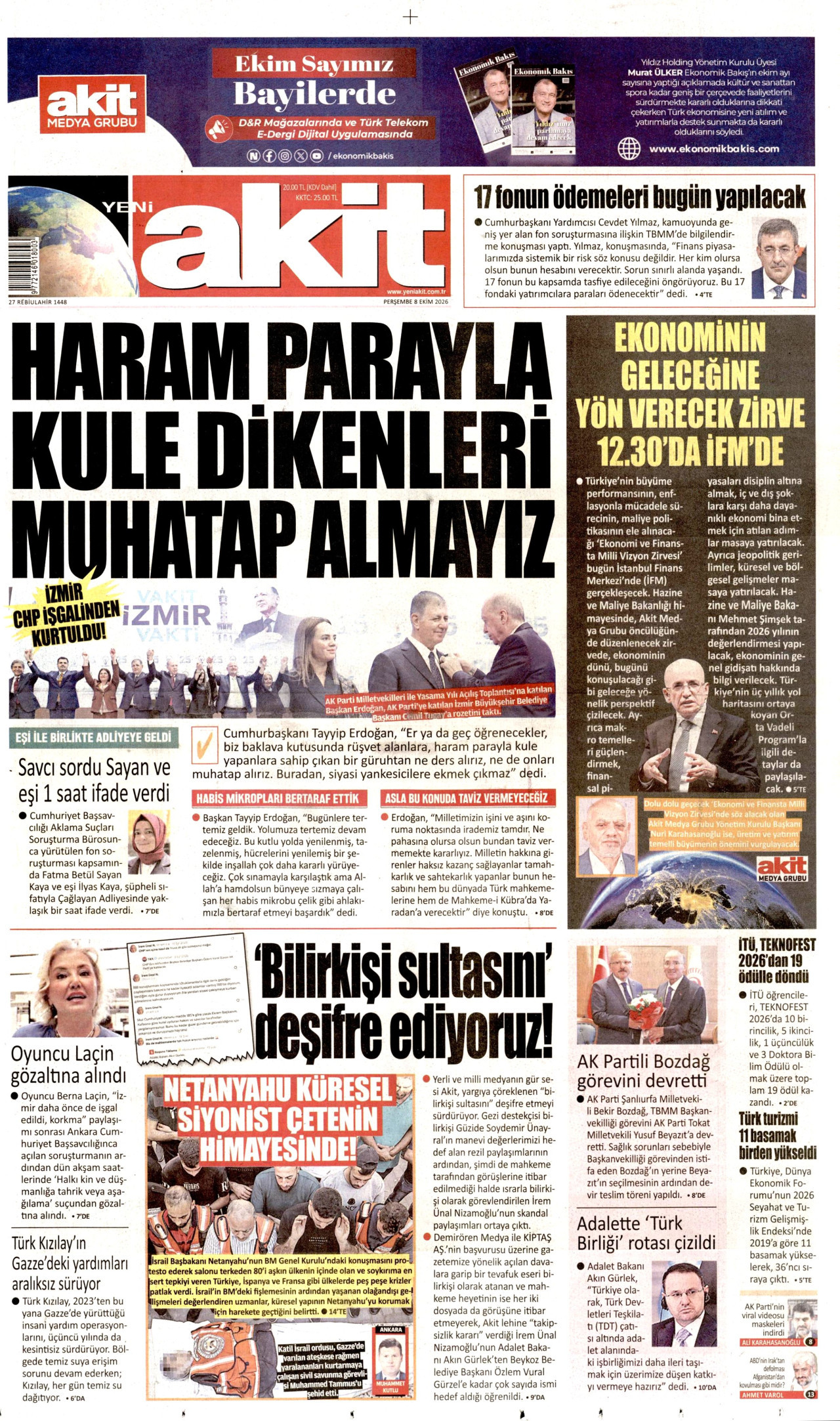 YENİ AKİT gazetesinin 8 Ekim 2026 tarihli birinci sayfası