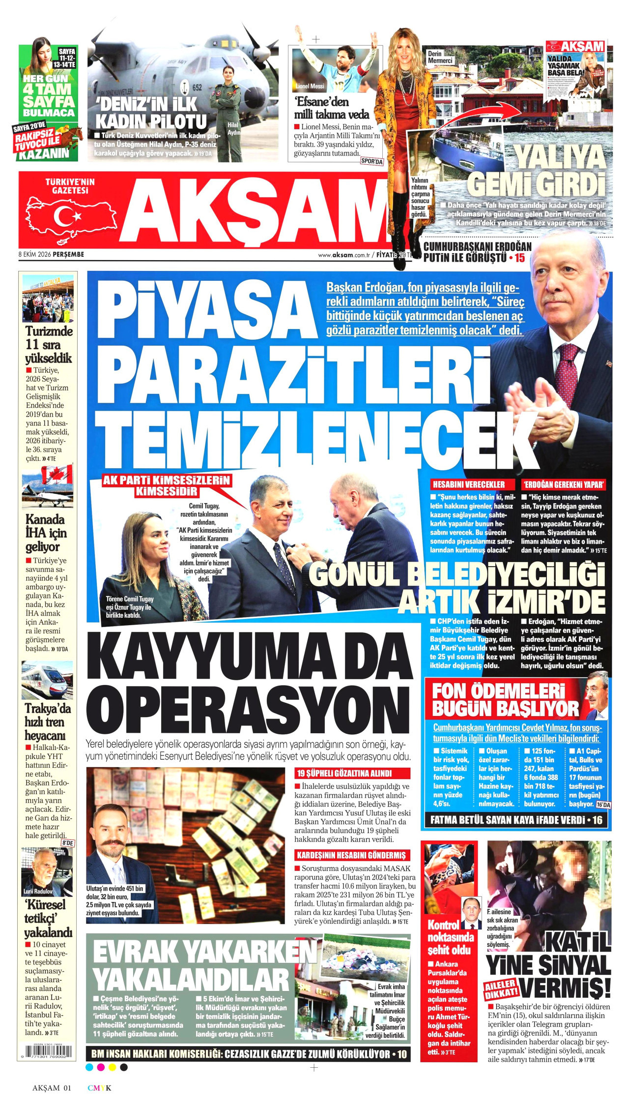 AKŞAM gazetesinin 8 Ekim 2026 tarihli birinci sayfası