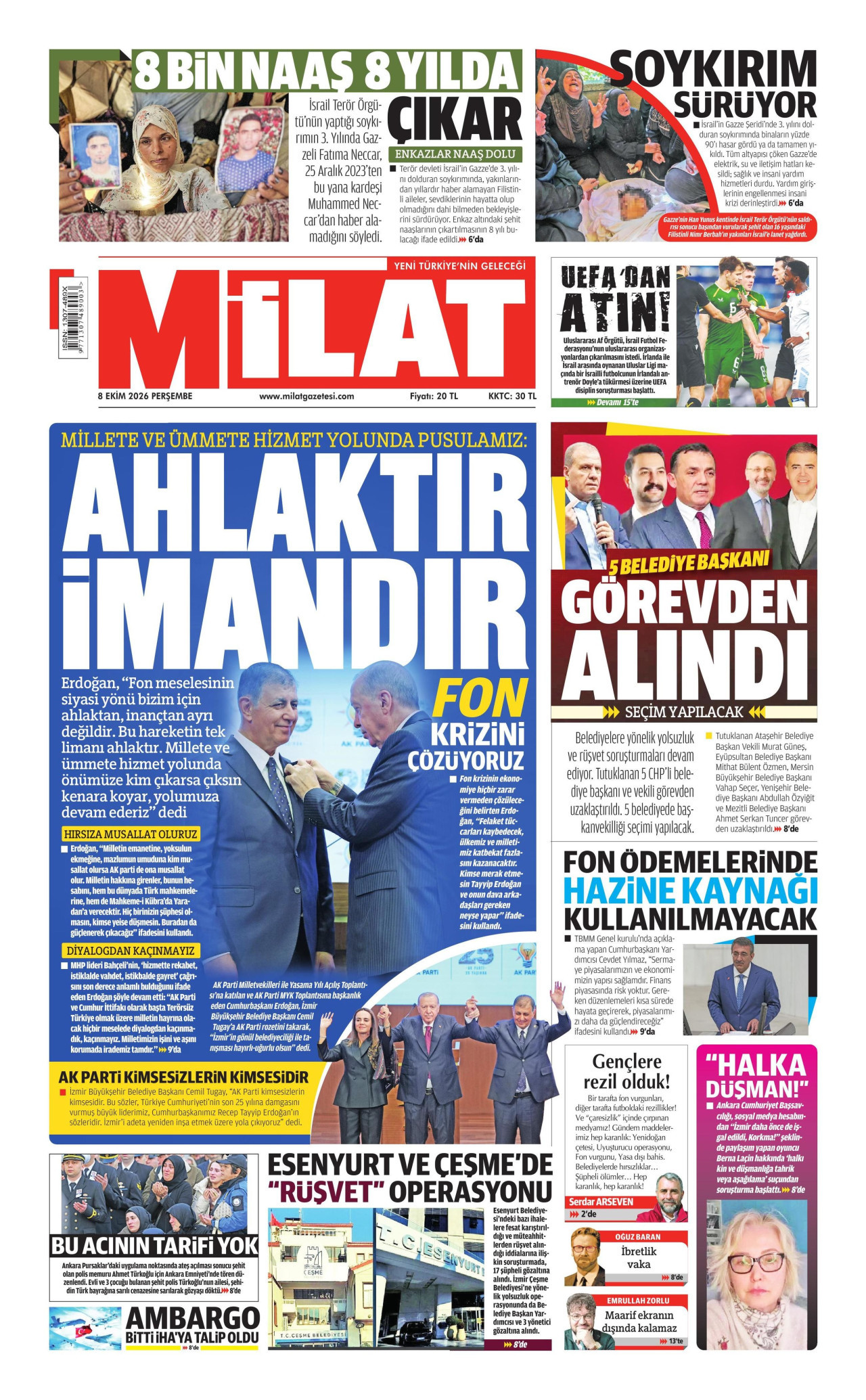 MİLAT gazetesinin 8 Ekim 2026 tarihli birinci sayfası