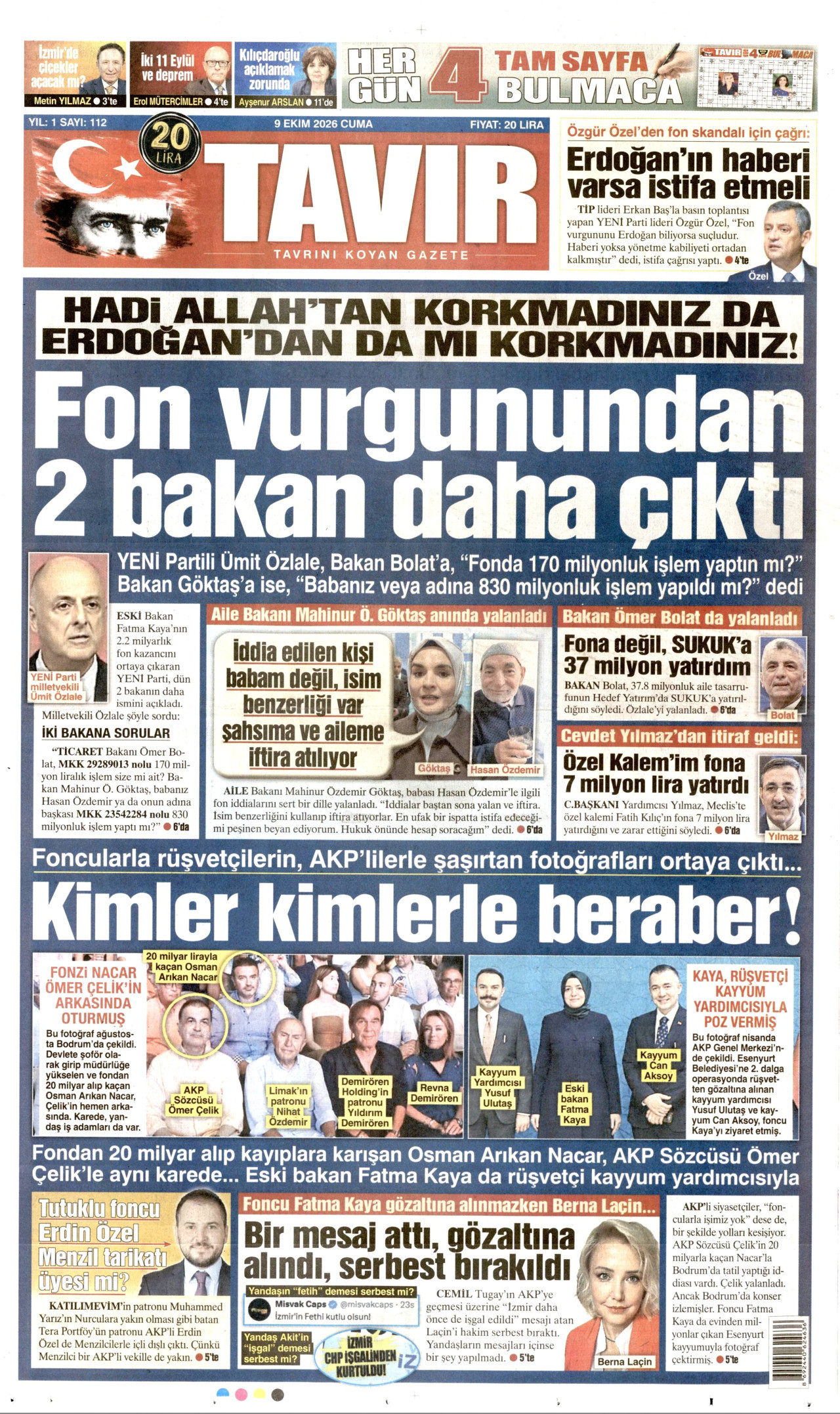 TAVIR GAZETESİ gazetesinin 9 Ekim 2026 tarihli birinci sayfası